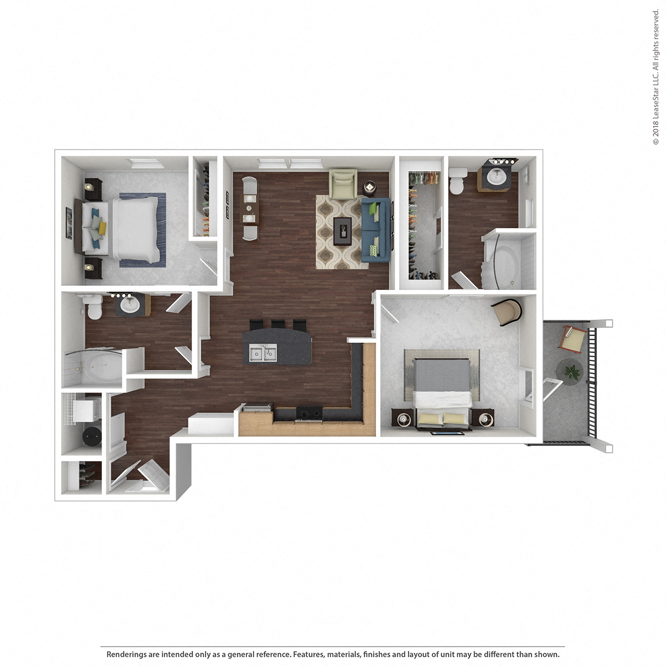 Floor plan for 2 beds, 2 baths, 974 sqft